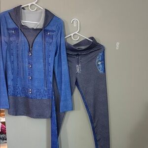 Blue and Gray Hoodie and Pants Set